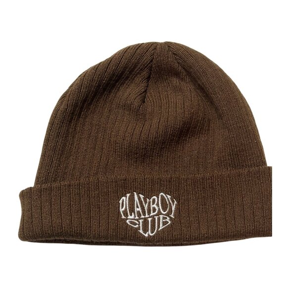 Playboy Club Brown Knit Beanie Hat Embroidered One Size Acrylic Y2K Streetwear - Picture 1 of 6